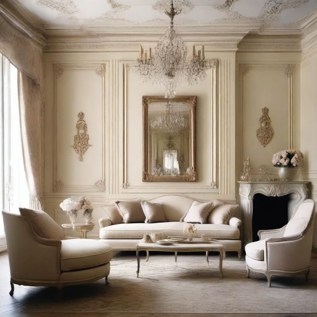 Design a living room with an area of approximately 40 square meters in a creamy French style