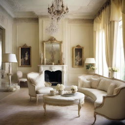 Design a living room with an area of approximately 40 square meters in a creamy French style