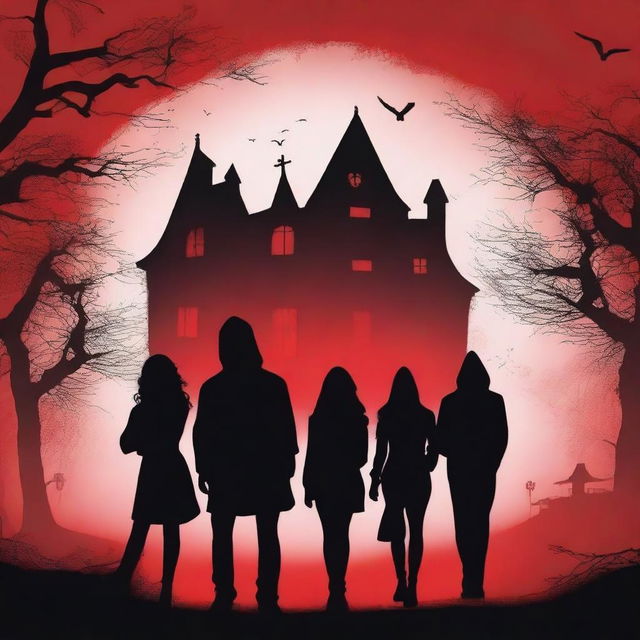 Book cover featuring the silhouette of a group of five young adults (three men and two women) in front of a haunted house with a red background