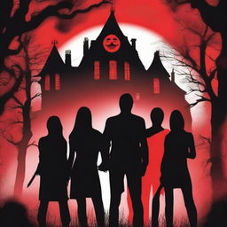 Book cover featuring the silhouette of a group of five young adults (three men and two women) in front of a haunted house with a red background