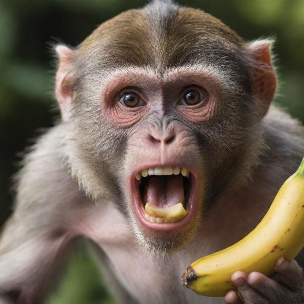 A hyper-realistic, HD image of a furious monkey, its face showing a mixture of surprise and anger, as another monkey mischievously steals its banana.