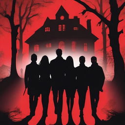 Book cover featuring the silhouette of a group of five young adults (three men and two women) in front of a haunted house with a red background