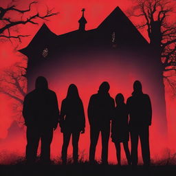 Book cover featuring the silhouette of a group of five young adults (three men and two women) in front of a haunted house with a red background