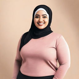 A young, curvy woman wearing a hijab, a t-shirt, and leggings