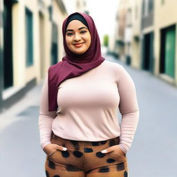 A young, curvy woman wearing a hijab, a t-shirt, and leggings