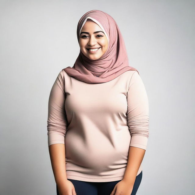 A young, curvy woman wearing a hijab, a t-shirt, and leggings