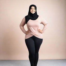 A young, curvy woman wearing a hijab, a t-shirt, and leggings