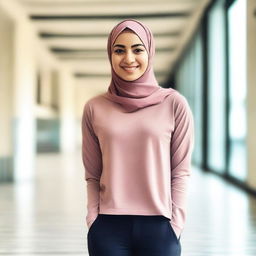 A young woman wearing a hijab, a t-shirt, and tight leggings