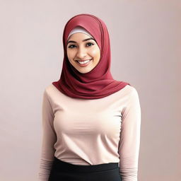 A young woman wearing a hijab, a t-shirt, and tight leggings