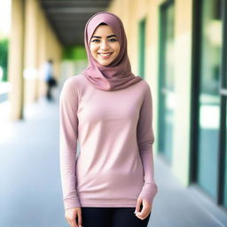 A young woman wearing a hijab, a t-shirt, and tight leggings