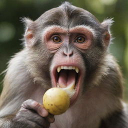 A hyper-realistic, HD image of a furious monkey, its face showing a mixture of surprise and anger, as another monkey mischievously steals its banana.