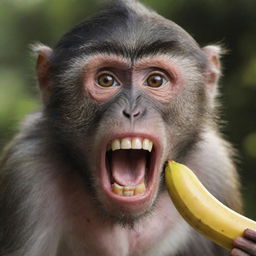 A hyper-realistic, HD image of a furious monkey, its face showing a mixture of surprise and anger, as another monkey mischievously steals its banana.