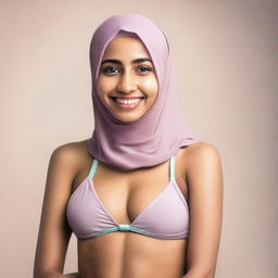 A young woman wearing a hijab and a bikini