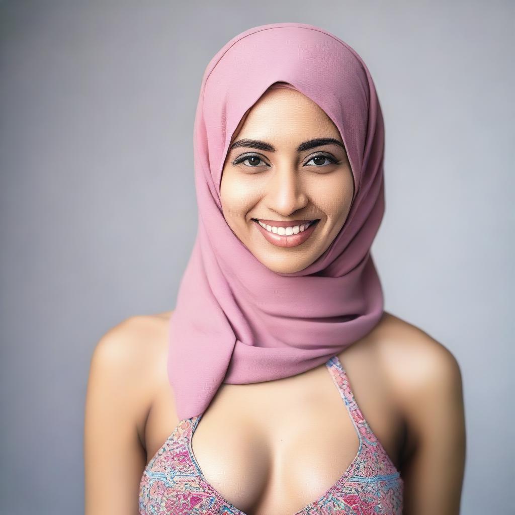 A young woman wearing a hijab and a bikini