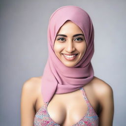 A young woman wearing a hijab and a bikini