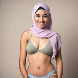 A young woman wearing a hijab and a bikini