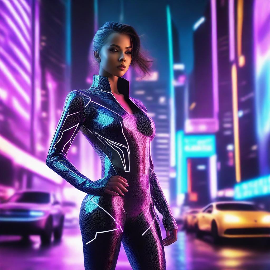 A futuristic sci-fi scene featuring a confident and attractive woman in a sleek, high-tech outfit