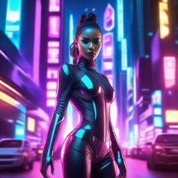 A futuristic sci-fi scene featuring a confident and attractive woman in a sleek, high-tech outfit