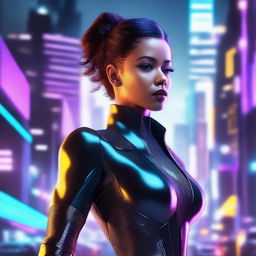 A futuristic sci-fi scene featuring a confident and attractive woman in a sleek, high-tech outfit