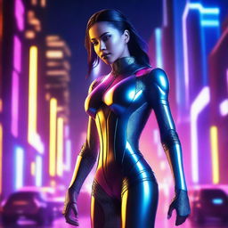 A futuristic sci-fi scene featuring a confident and attractive woman in a sleek, high-tech outfit