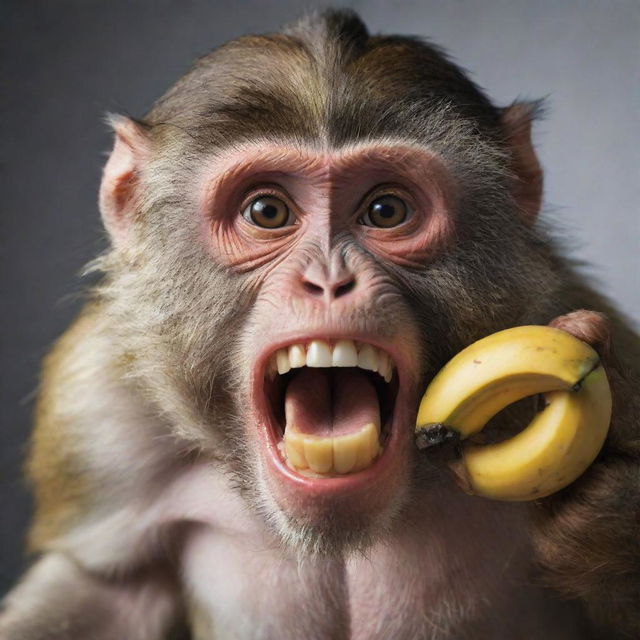 A hyper-realistic, HD image of a furious monkey, its face showing a mixture of surprise and anger, as another monkey mischievously steals its banana.