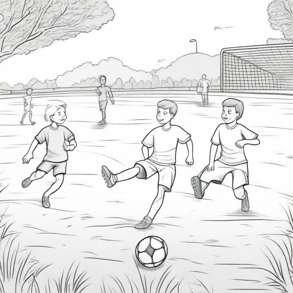 A detailed black and white sports scene for a coloring book page