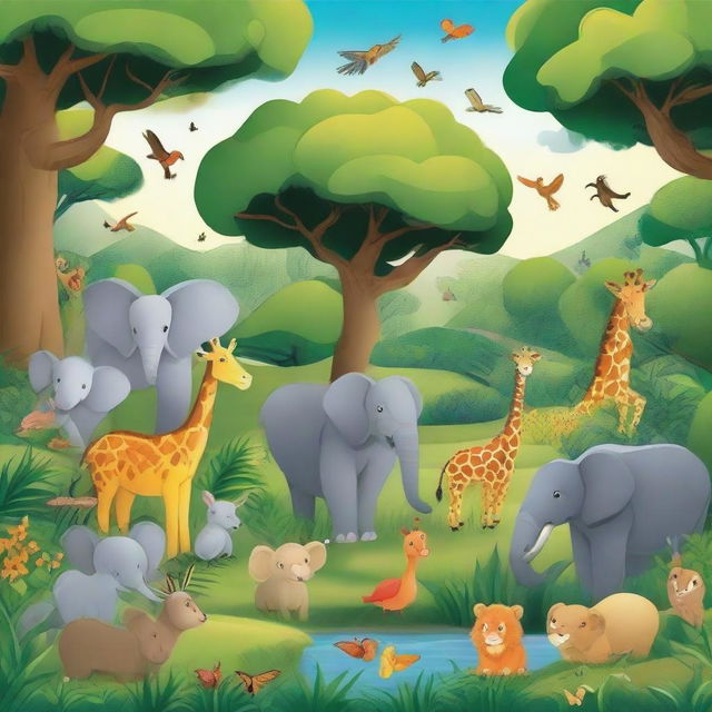 A vibrant and detailed illustration featuring a variety of animals in their natural habitats