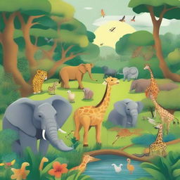 A vibrant and detailed illustration featuring a variety of animals in their natural habitats