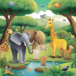 A vibrant and detailed illustration featuring a variety of animals in their natural habitats