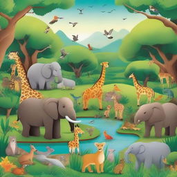 A vibrant and detailed illustration featuring a variety of animals in their natural habitats