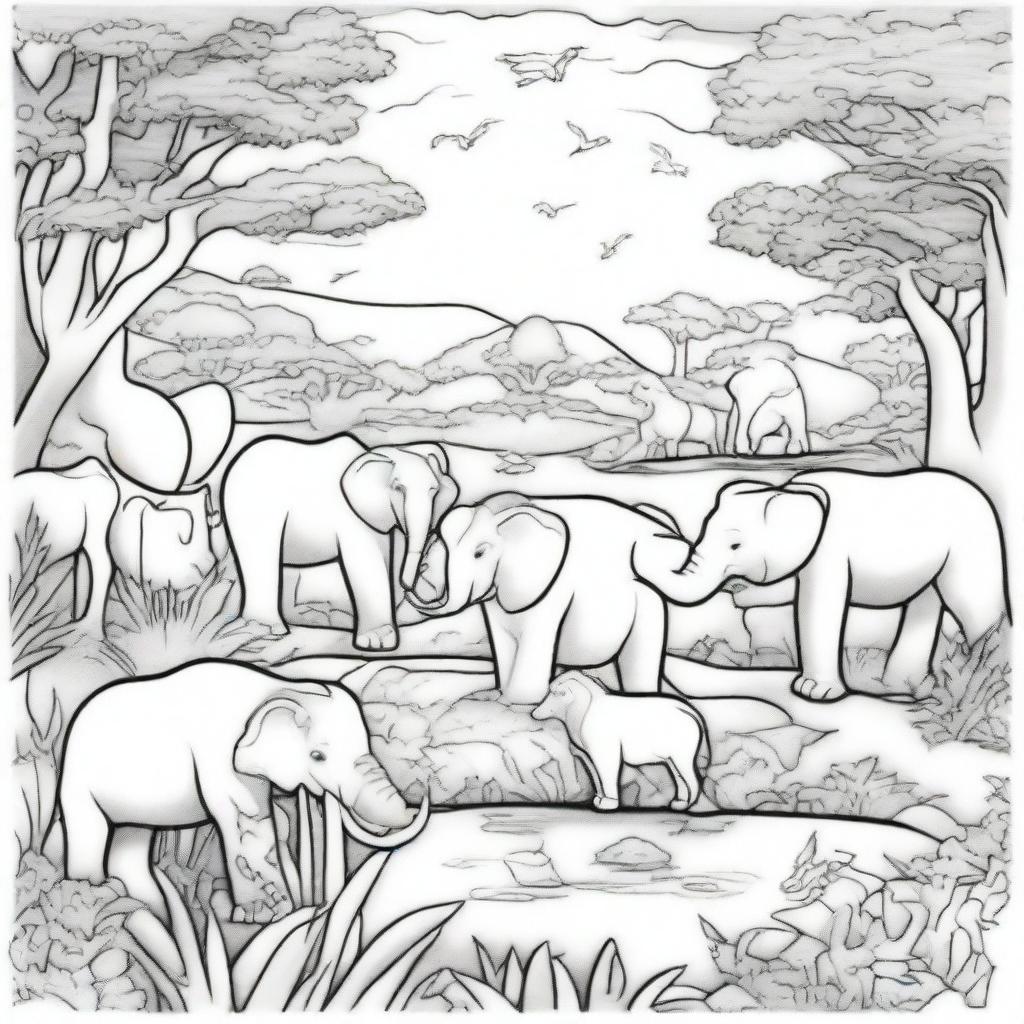 A detailed black and white coloring book page featuring a variety of animals in their natural habitats