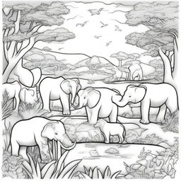 A detailed black and white coloring book page featuring a variety of animals in their natural habitats