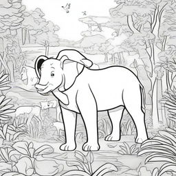 A detailed black and white coloring book page featuring a variety of animals in their natural habitats