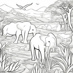 A detailed black and white coloring book page featuring a variety of animals in their natural habitats