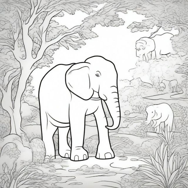 A detailed black and white illustration for a coloring book page featuring a variety of animals