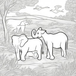 A detailed black and white illustration for a coloring book page featuring a variety of animals