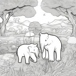 A detailed black and white illustration for a coloring book page featuring a variety of animals