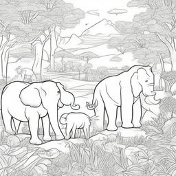 A detailed black and white illustration for a coloring book page featuring a variety of animals