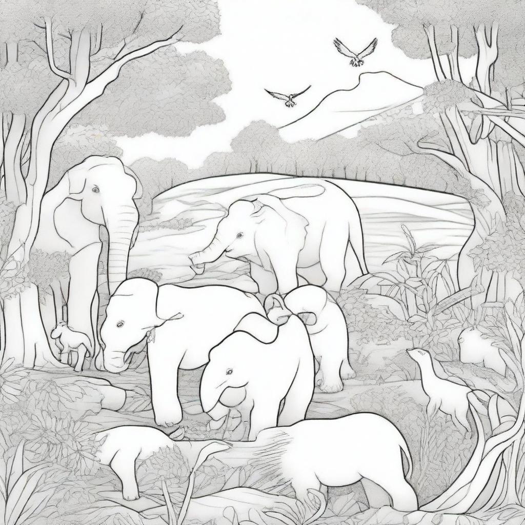 A detailed black and white illustration for a coloring book page featuring a variety of animals in their natural habitats