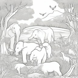 A detailed black and white illustration for a coloring book page featuring a variety of animals in their natural habitats