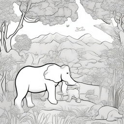 A detailed black and white illustration for a coloring book page featuring a variety of animals in their natural habitats