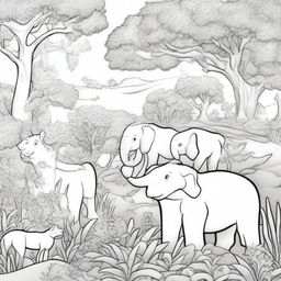 A detailed black and white illustration for a coloring book page featuring a variety of animals in their natural habitats