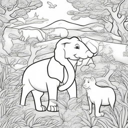 A detailed black and white illustration for a coloring book page featuring a variety of animals in their natural habitats