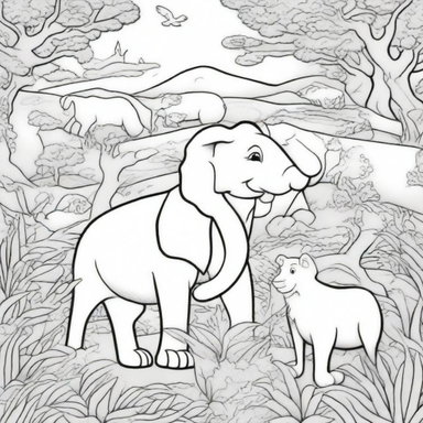 A detailed black and white illustration for a coloring book page featuring a variety of animals in their natural habitats