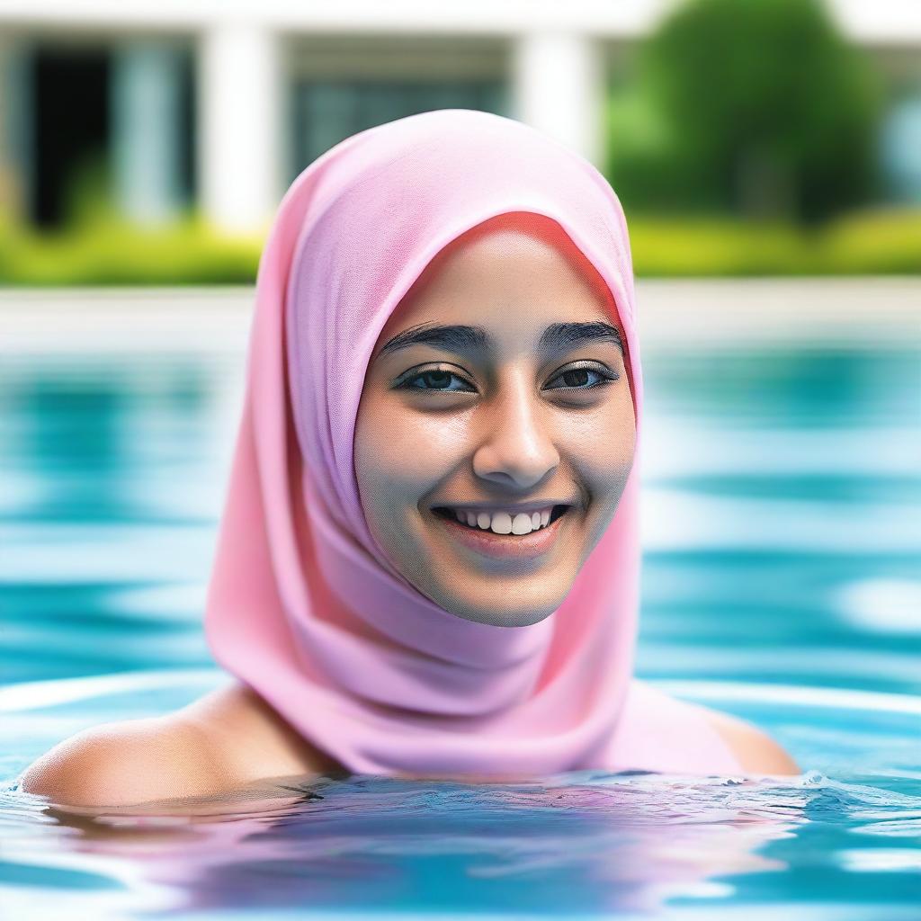 A young, 20-year-old woman wearing a jilbab while swimming