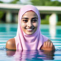 A young, 20-year-old woman wearing a jilbab while swimming