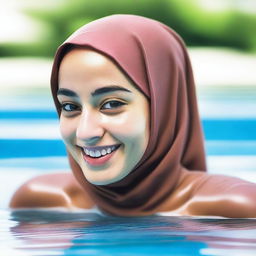 A young, 20-year-old woman wearing a jilbab while swimming