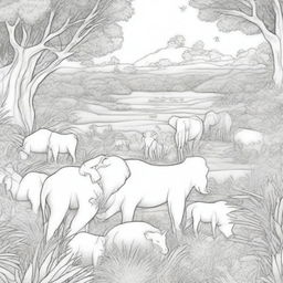 A detailed black and white illustration featuring a variety of animals in their natural habitats for a coloring book page