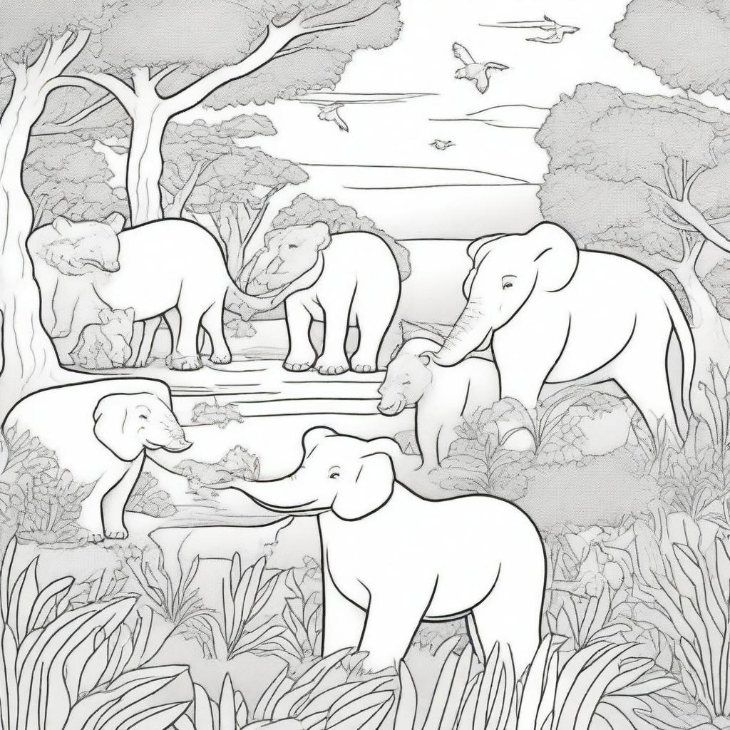 A detailed black and white illustration featuring a variety of animals in their natural habitats for a coloring book page