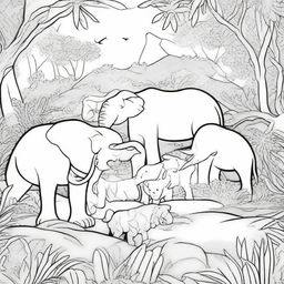 A detailed black and white illustration featuring a variety of animals in their natural habitats for a coloring book page